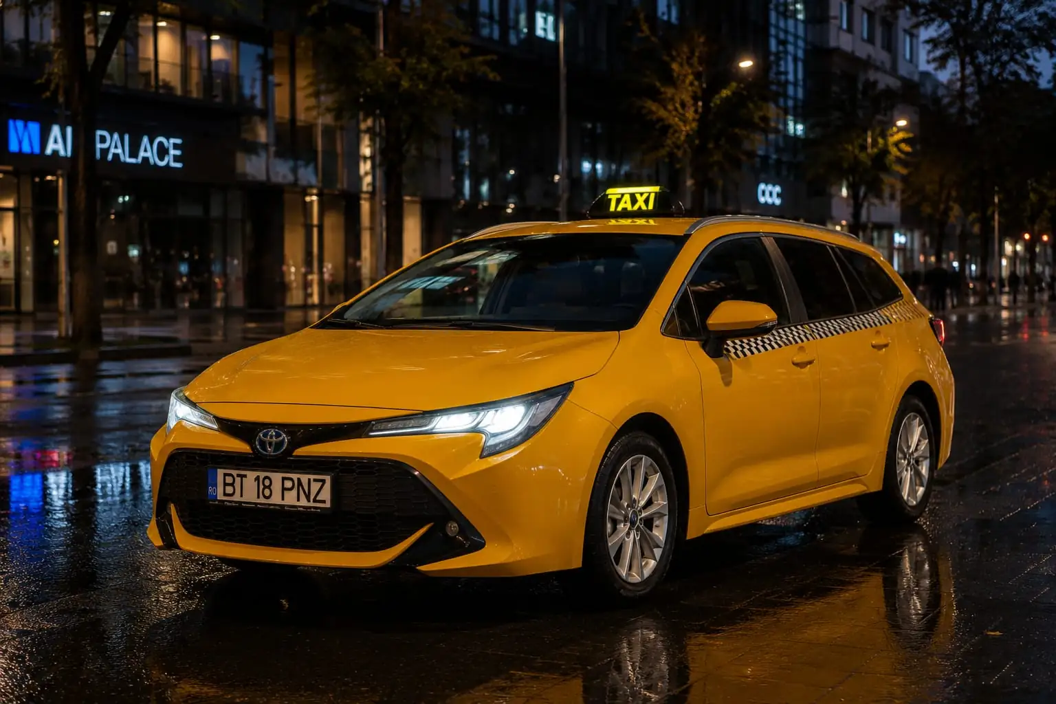 Taxi Botoșani — Toyota Corolla galbenă cu lampă TAXI, noaptea în oraș